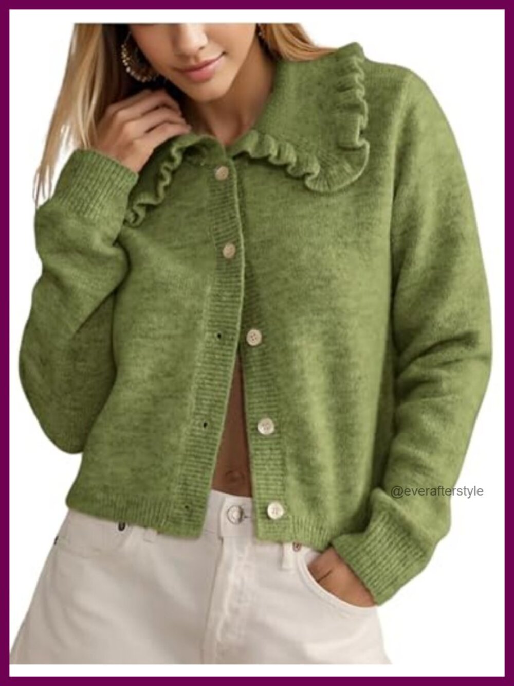 Women's Y2K Ruffled Collar Crop Cardigan Button Down Long Sleeve Knit Sweater